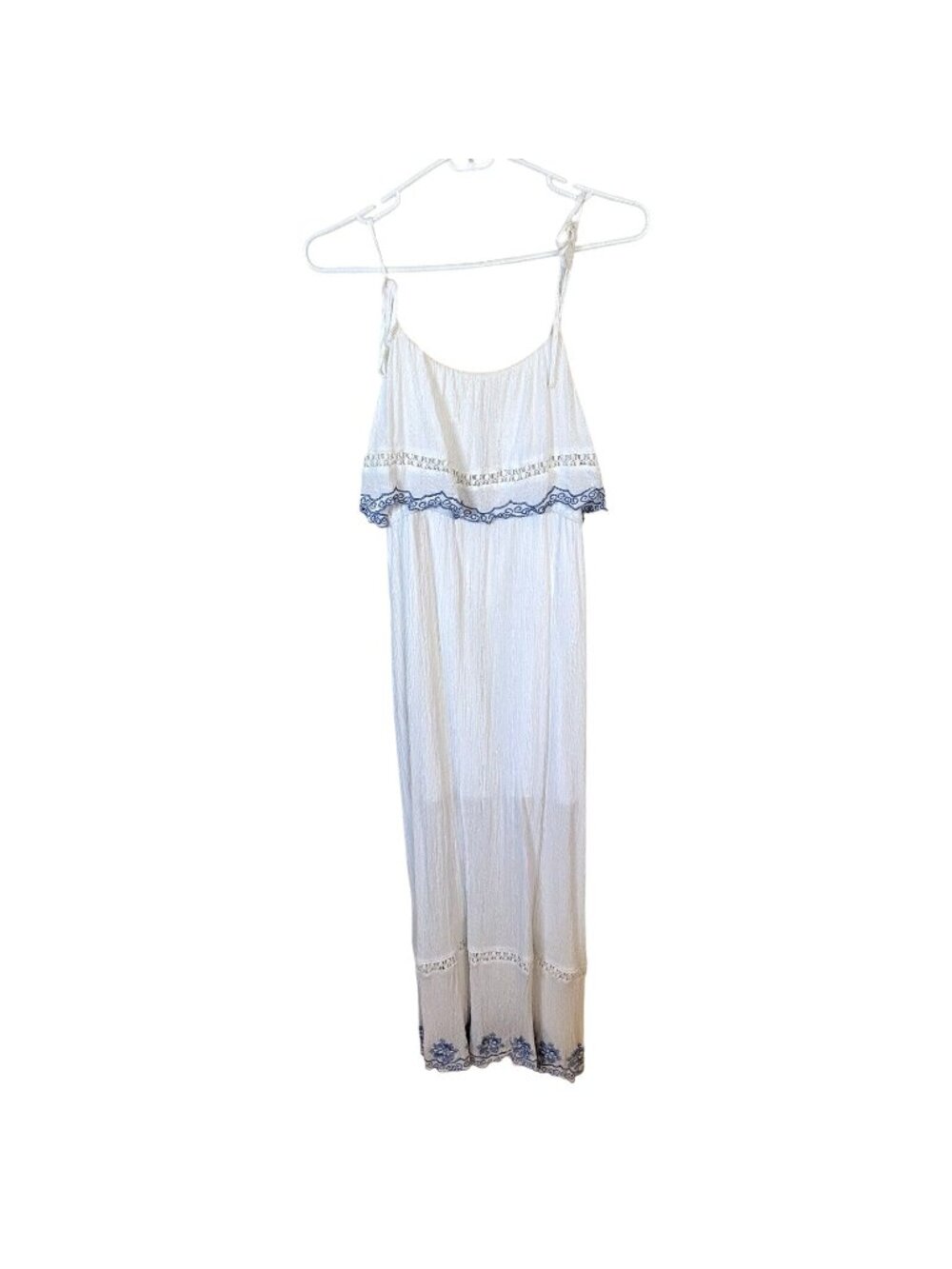 Miami Womens White Maxi Dress Blue Embroidery Sleeveless Empire Small Resort